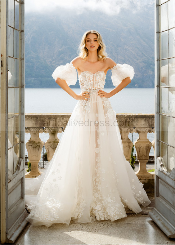 Beaded Strapless Ivory Floral Lace Tulle Wedding Dress